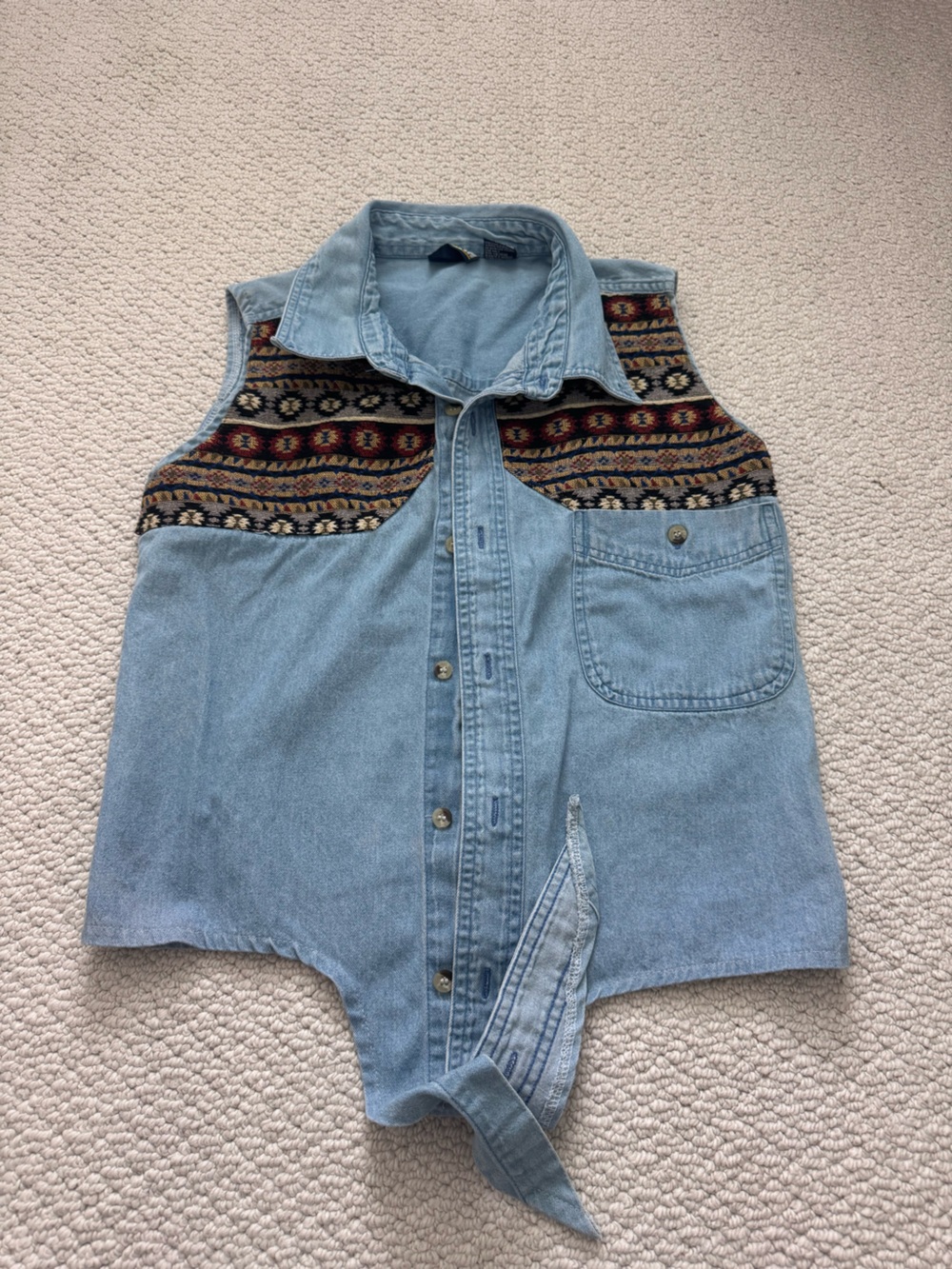 90s Western Light Blue Denim Tie-Front Button Down Vest with Multicolor Yoke